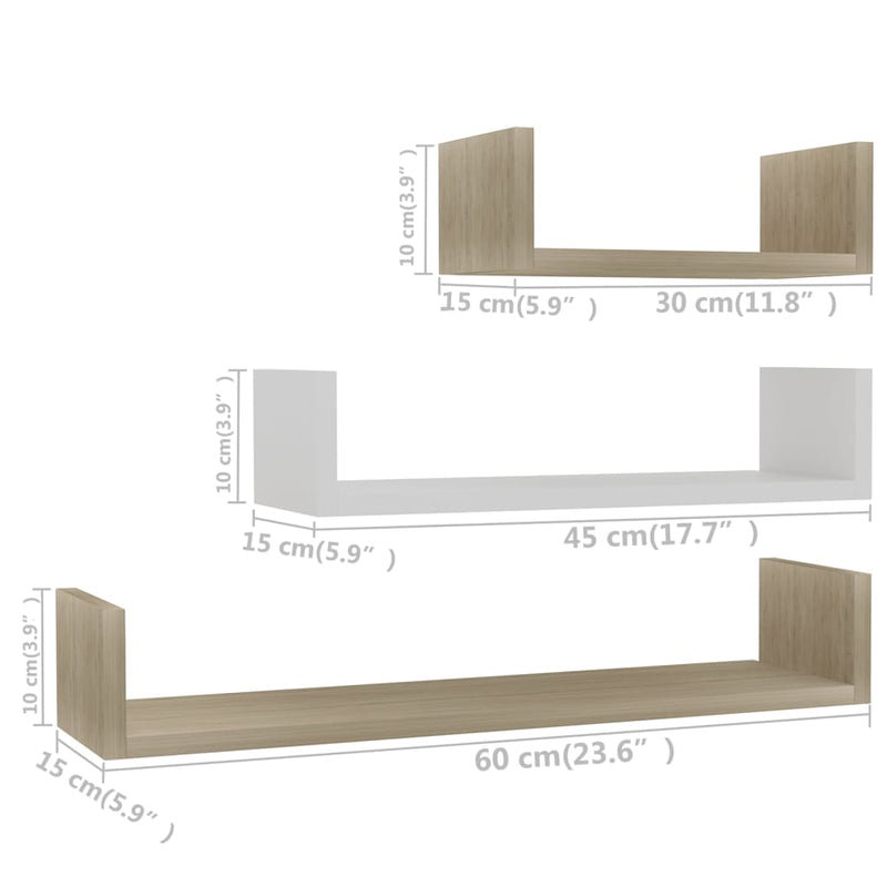 Wall Display Shelf 3 pcs White and Sonoma Oak Engineered Wood