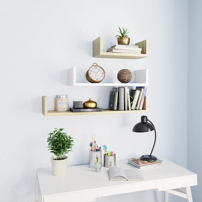 Wall Display Shelf 3 pcs White and Sonoma Oak Engineered Wood