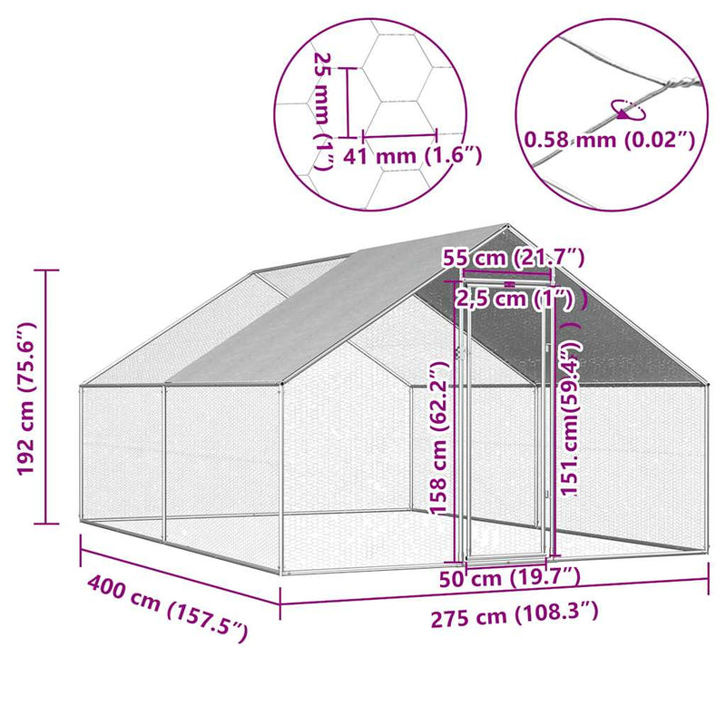 Outdoor Chicken Cage 2.75x4x1.92 m Galvanised Steel