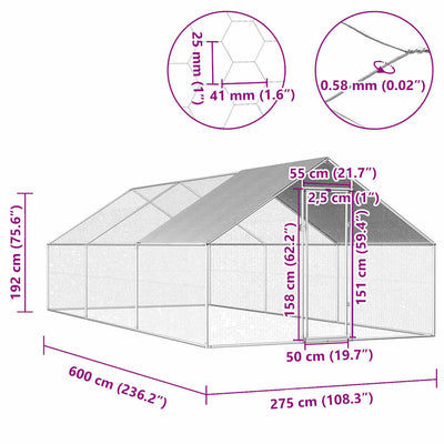 Outdoor Chicken Cage 2.75x6x1.92 m Galvanised Steel