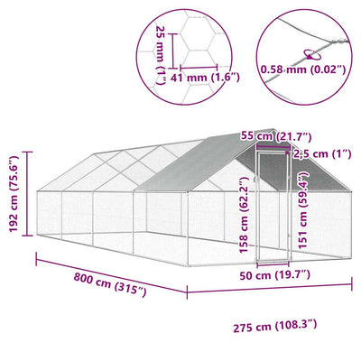 Outdoor Chicken Cage 2.75x8x1.92 m Galvanised Steel