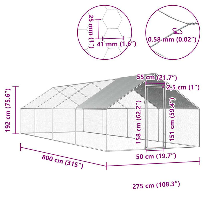 Outdoor Chicken Cage 2.75x8x1.92 m Galvanised Steel