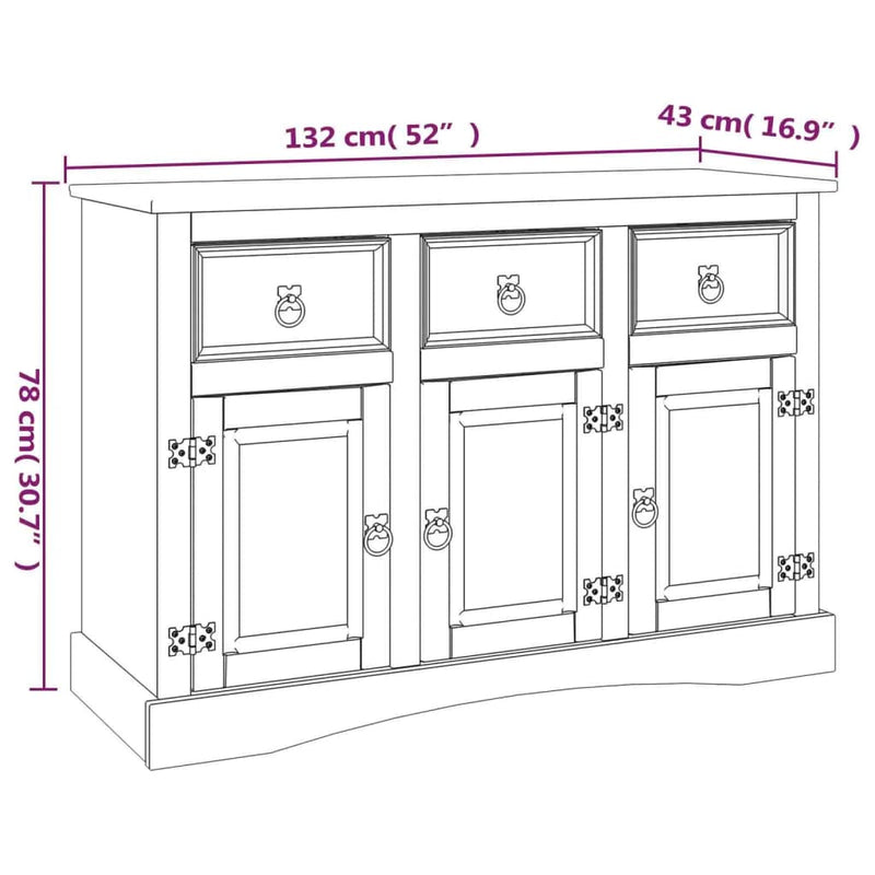 Sideboard Solid Mexican Pinewood Corona Range White 132x43x78 cm