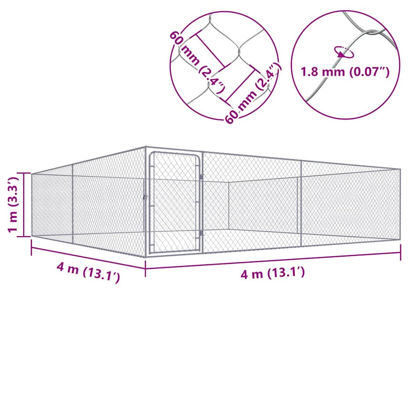 Outdoor Dog Kennel Galvanised Steel 4x4x1 m