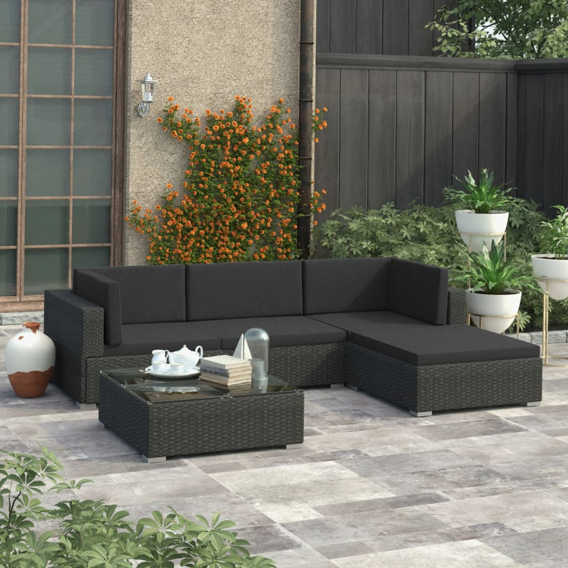 5 Piece Garden Lounge Set with Cushions Poly Rattan Black