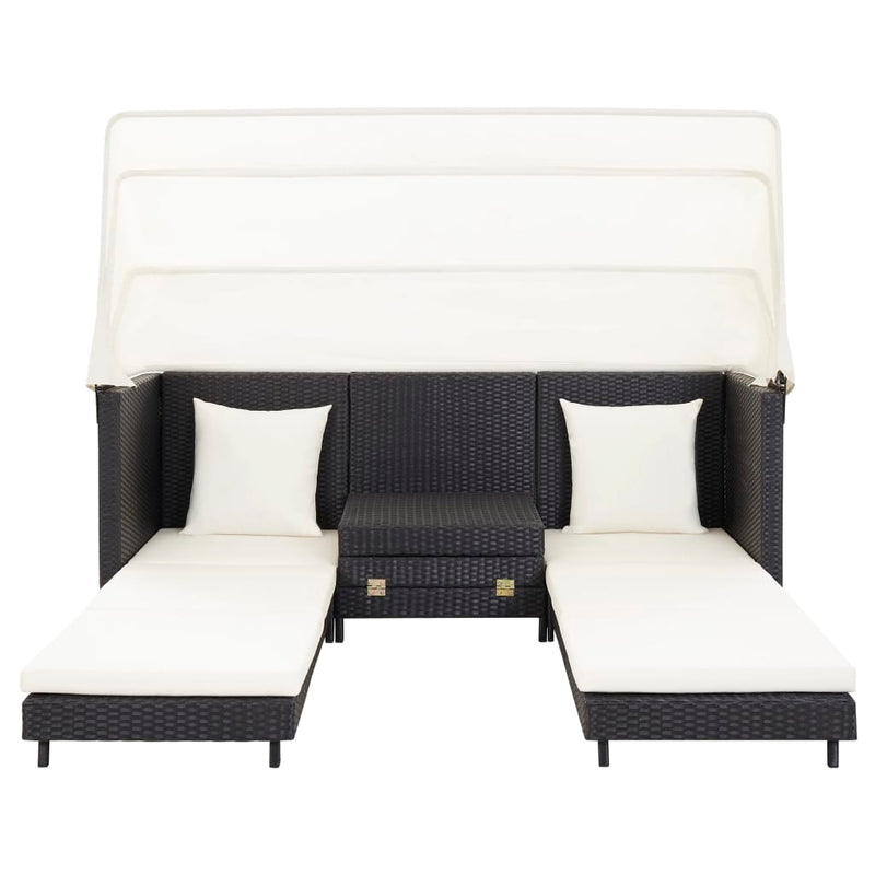 Extendable 3-Seater Sofa Bed with Roof Poly Rattan Black