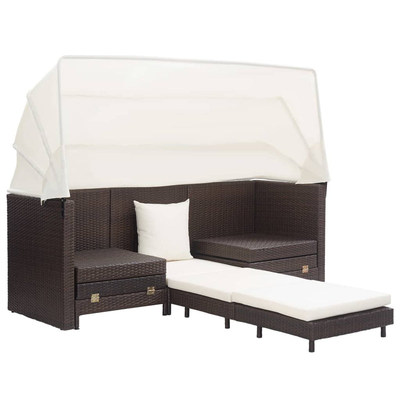 Extendable 3-Seater Sofa Bed with Roof Poly Rattan Brown