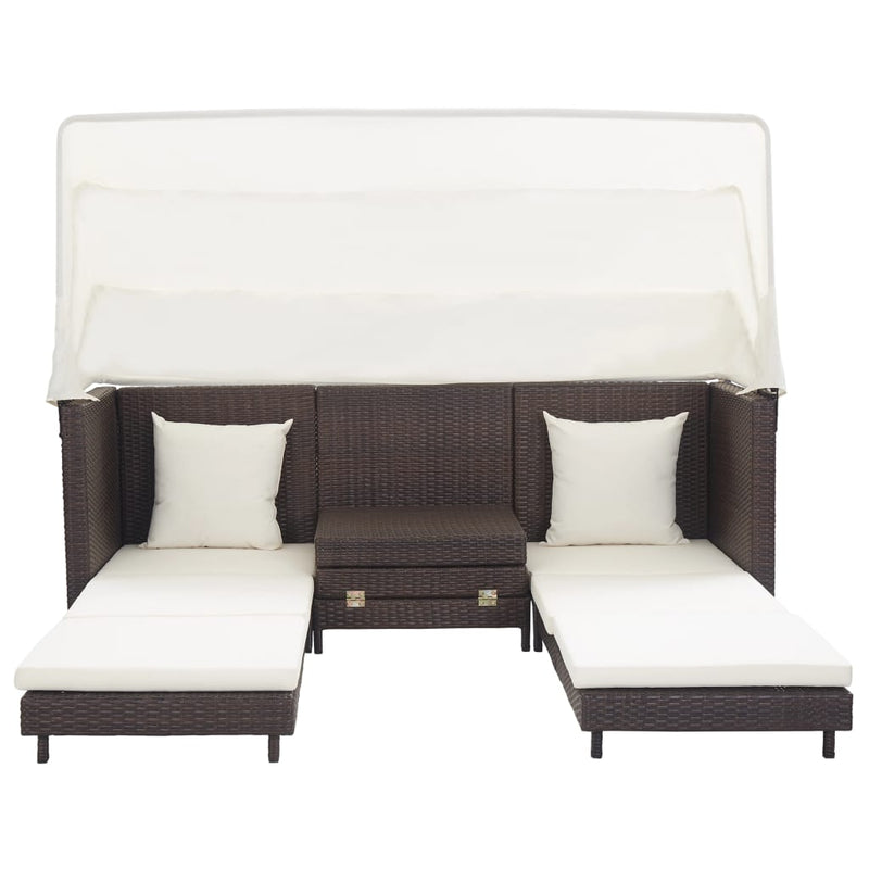 Extendable 3-Seater Sofa Bed with Roof Poly Rattan Brown