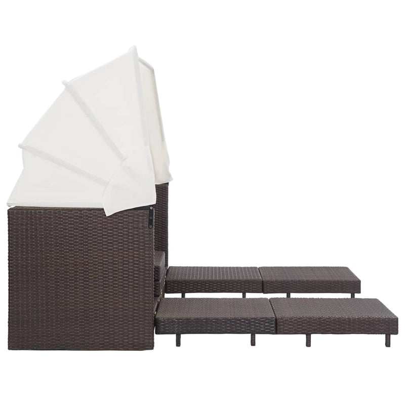 Extendable 3-Seater Sofa Bed with Roof Poly Rattan Brown