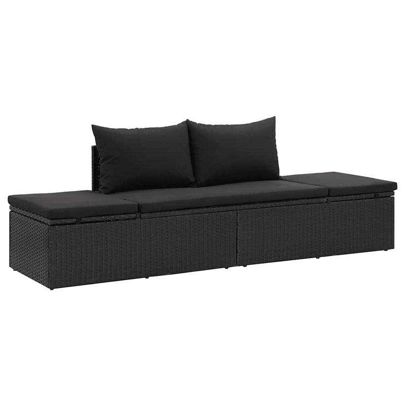 Sun Bed with Cushions Poly Rattan Black