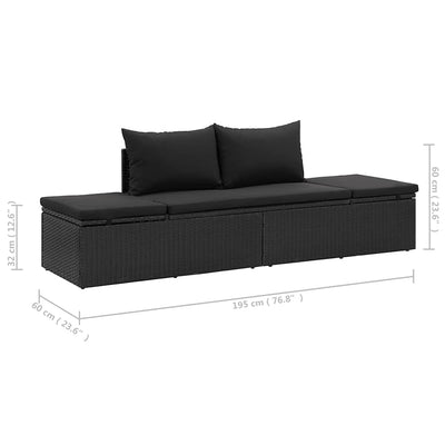 Sun Bed with Cushions Poly Rattan Black