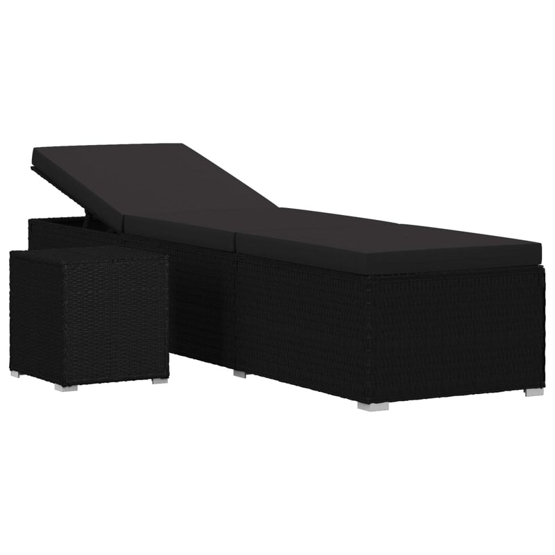 Sun Lounger with Cushion and Tea Table Poly Rattan Black