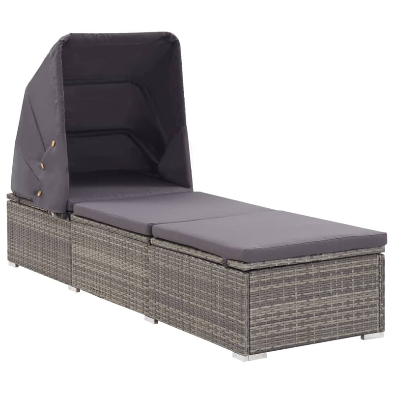 Sun Lounger with Canopy and Cushion Poly Rattan Grey