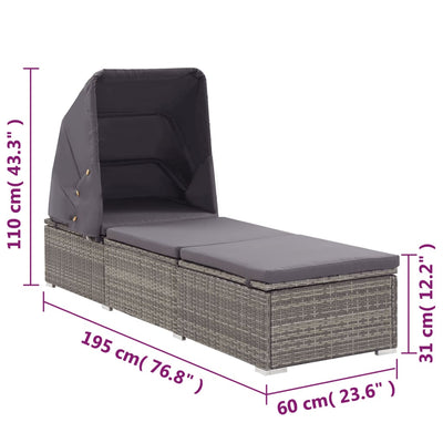 Sun Lounger with Canopy and Cushion Poly Rattan Grey