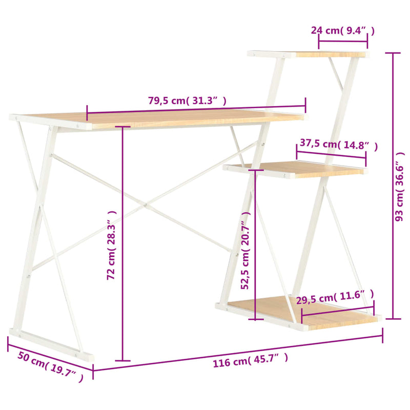 Desk with Shelf White and Oak 116x50x93 cm