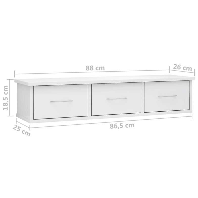 Wall-mounted Drawer Shelf High Gloss White 88x26x18.5 cm Engineered Wood