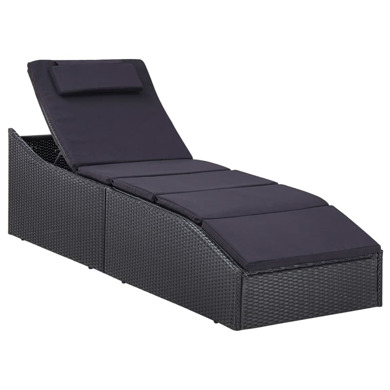 Sunbed with Cushion Poly Rattan Black