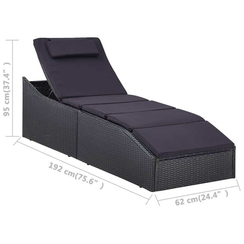 Sunbed with Cushion Poly Rattan Black