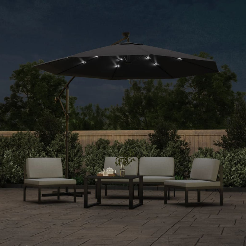 Cantilever Garden Parasol with LED Lights and Steel Pole 300 cm Black