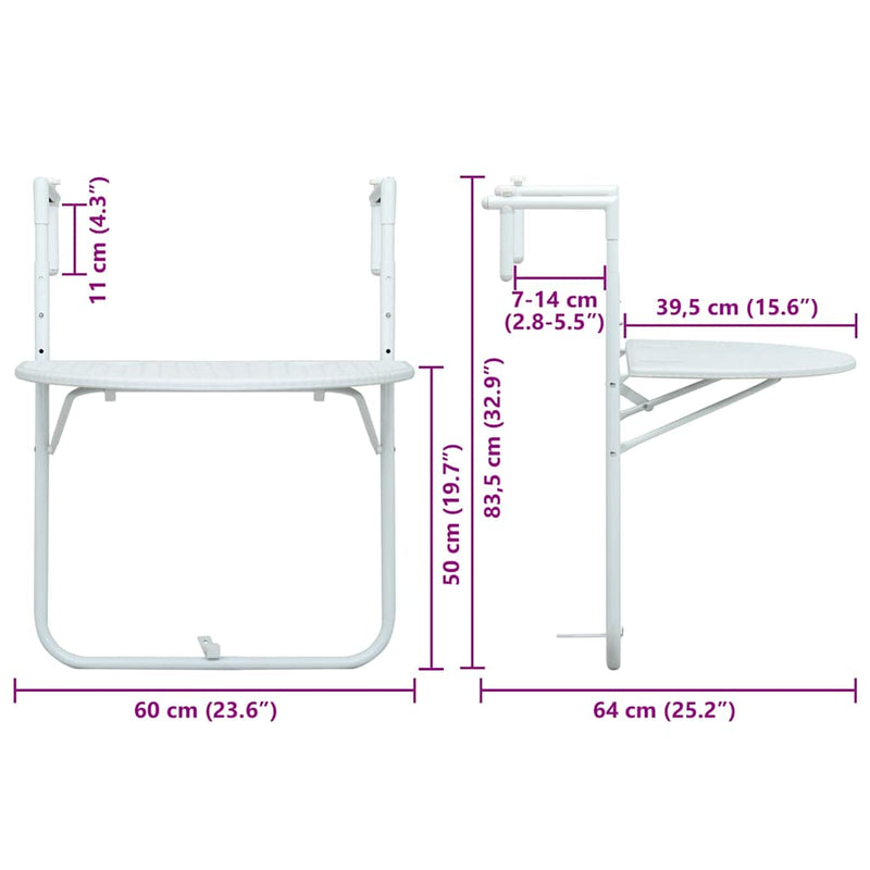 Hanging Balcony Table White 60x64x83.5 cm Plastic Rattan Look