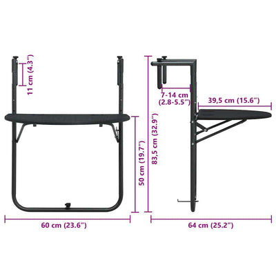 Hanging Balcony Table Black 60x64x83.5 cm Plastic Rattan Look