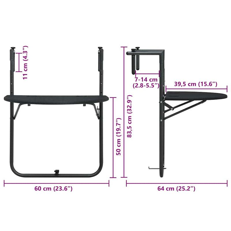 Hanging Balcony Table Black 60x64x83.5 cm Plastic Rattan Look