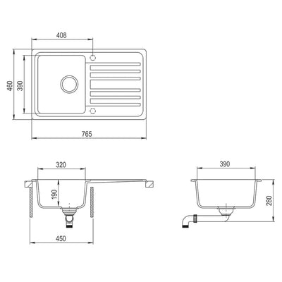 Granite Kitchen Sink Single Basin with Drainer Reversible Grey