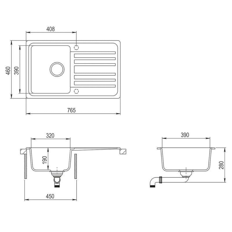 Granite Kitchen Sink Single Basin with Drainer Reversible Grey