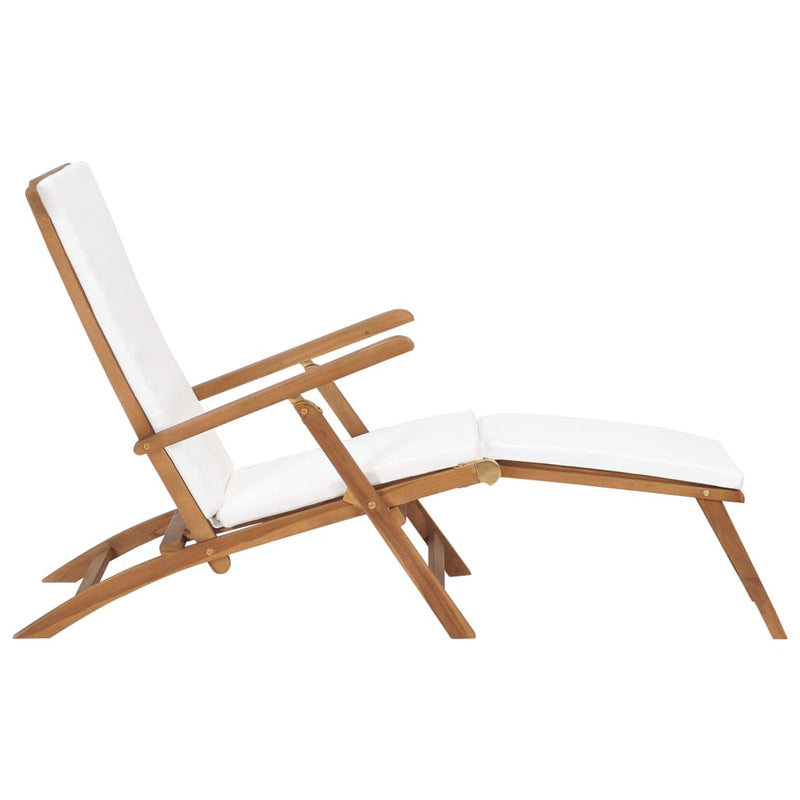 Deck Chair with Cushion Cream White Solid Teak Wood