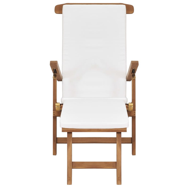 Deck Chair with Cushion Cream White Solid Teak Wood