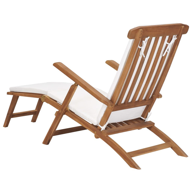 Deck Chair with Cushion Cream White Solid Teak Wood