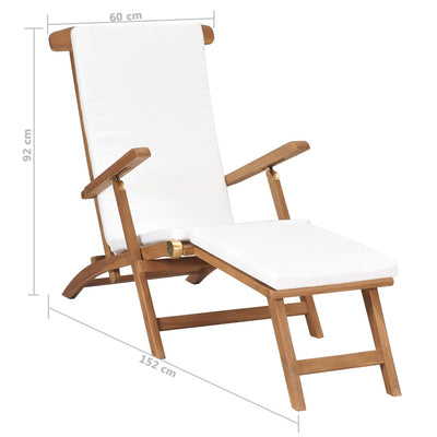 Deck Chair with Cushion Cream White Solid Teak Wood