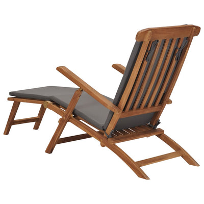 Deck Chair with Cushion Dark Grey Solid Teak Wood