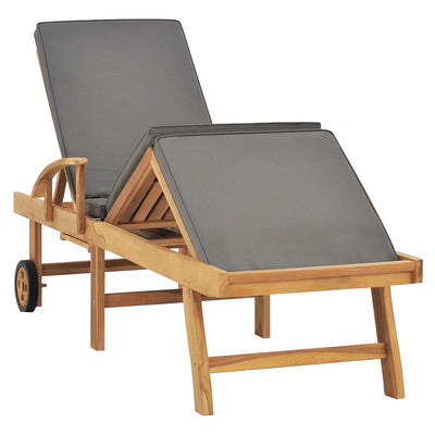 Sun Lounger with Cushion Solid Teak Wood Dark Grey