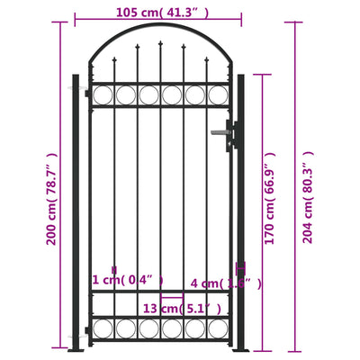 Fence Gate with Arched Top and 2 Posts 105x204 cm Black