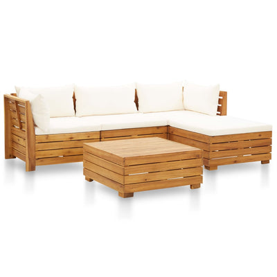 5 Piece Garden Lounge Set with Cushions Acacia Wood Cream White