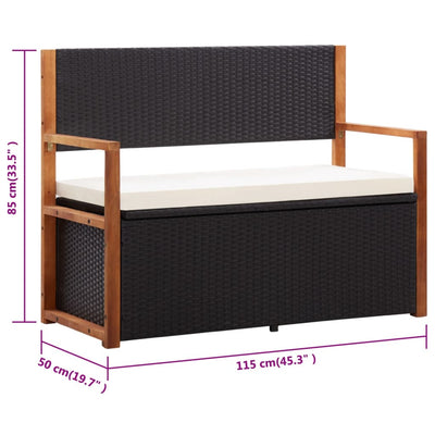 Storage Bench 115 cm Poly Rattan and Solid Acacia Wood Black