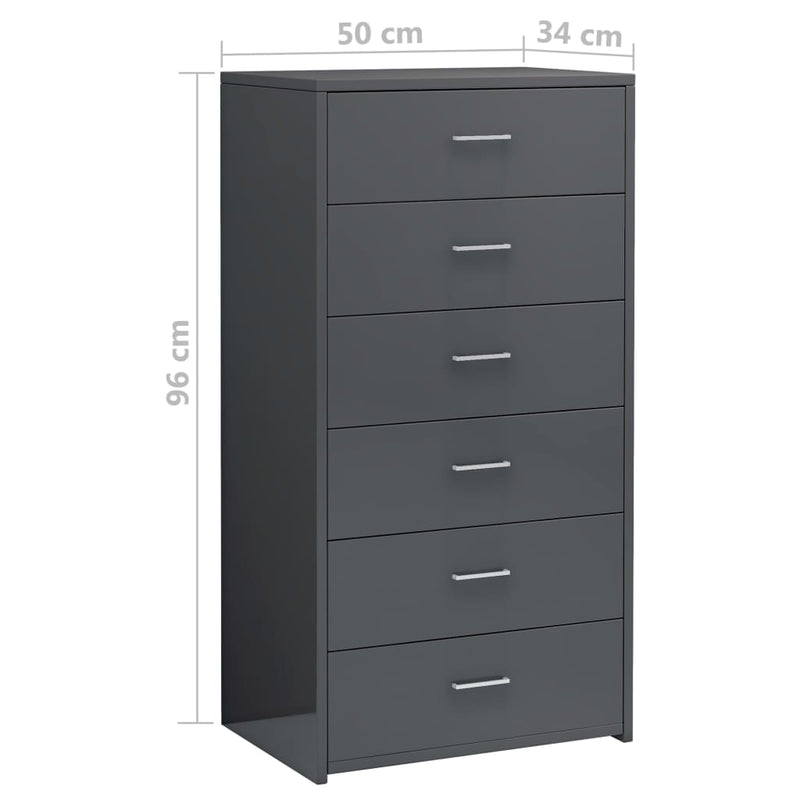 Sideboard with 6 Drawers High Gloss Grey 50x34x96 cm Engineered Wood