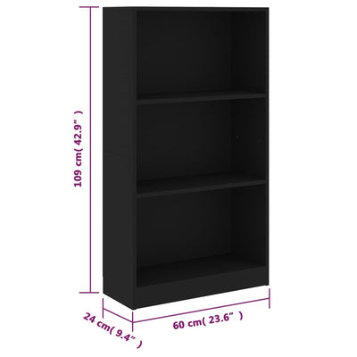 3-Tier Book Cabinet Black 60x24x109 cm Engineered Wood