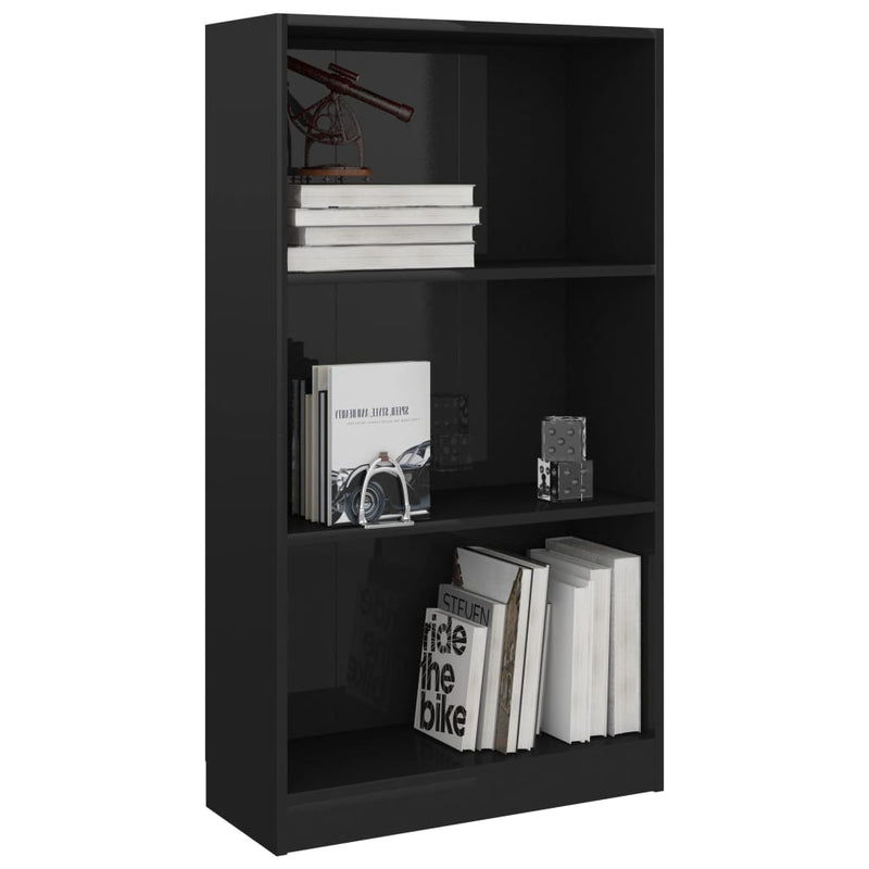 3-Tier Book Cabinet High Gloss Black 60x24x109 Engineered Wood