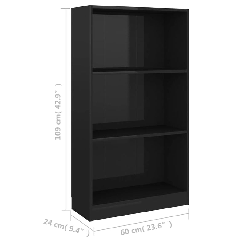 3-Tier Book Cabinet High Gloss Black 60x24x109 Engineered Wood