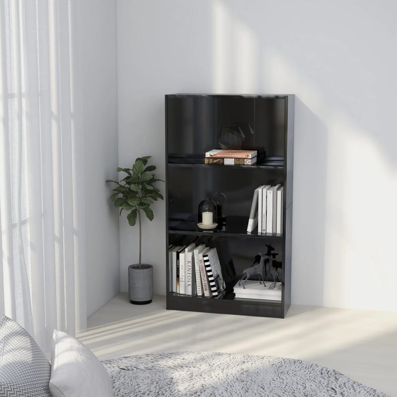 3-Tier Book Cabinet High Gloss Black 60x24x109 Engineered Wood