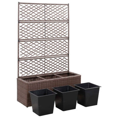 Trellis Raised Bed with 3 Pots 83x30x130 cm Poly Rattan Brown