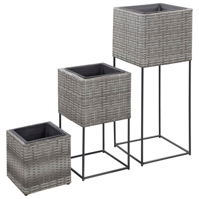 Garden Raised Beds 3 pcs Poly Rattan Grey