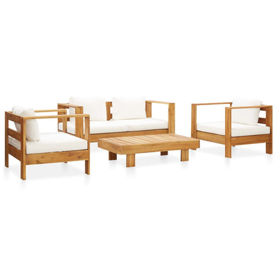 4 Piece Garden Lounge Set with Cushions Cream Solid Acacia Wood