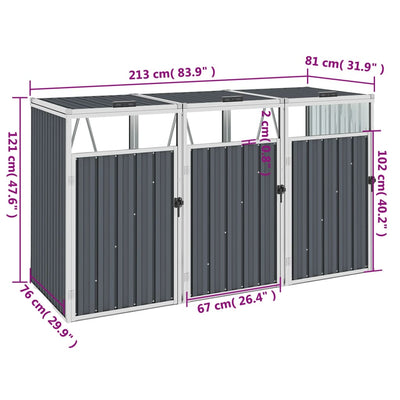 Triple Garbage Bin Shed Grey 213x81x121 cm Steel