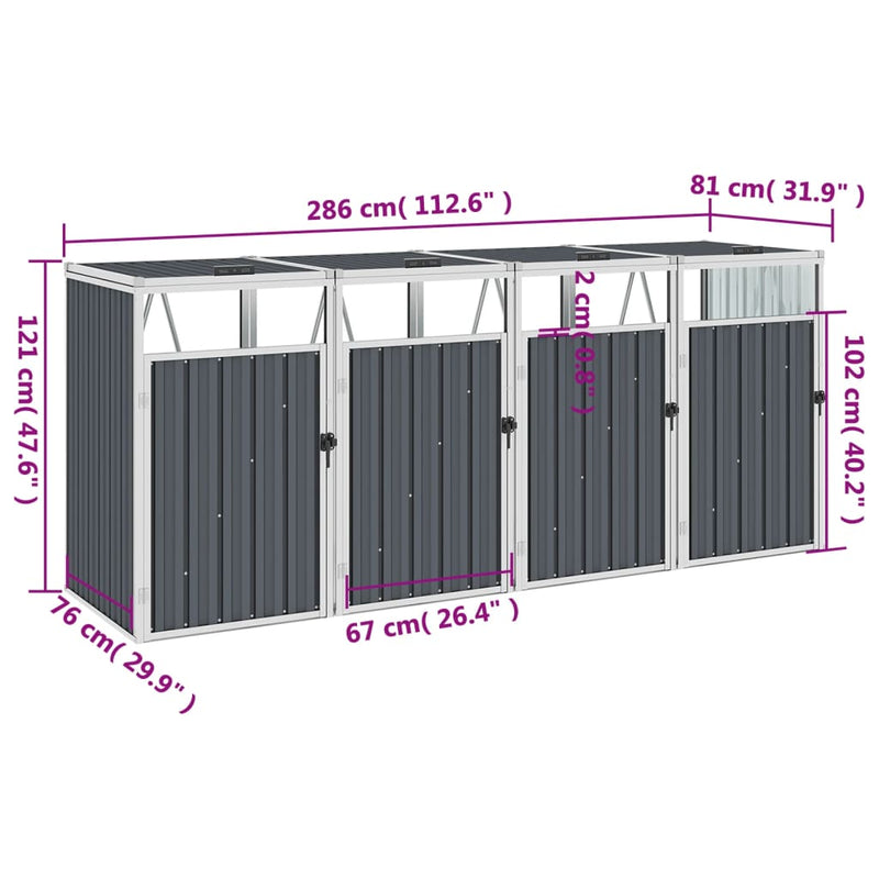 Quadruple Garbage Bin Shed Grey 286x81x121 cm Steel