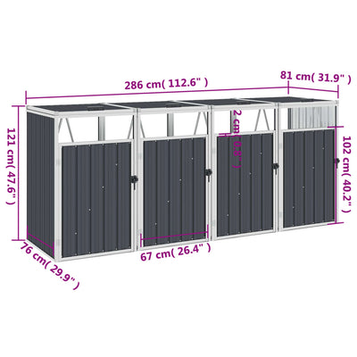 Quadruple Garbage Bin Shed Anthracite 286x81x121 cm Steel