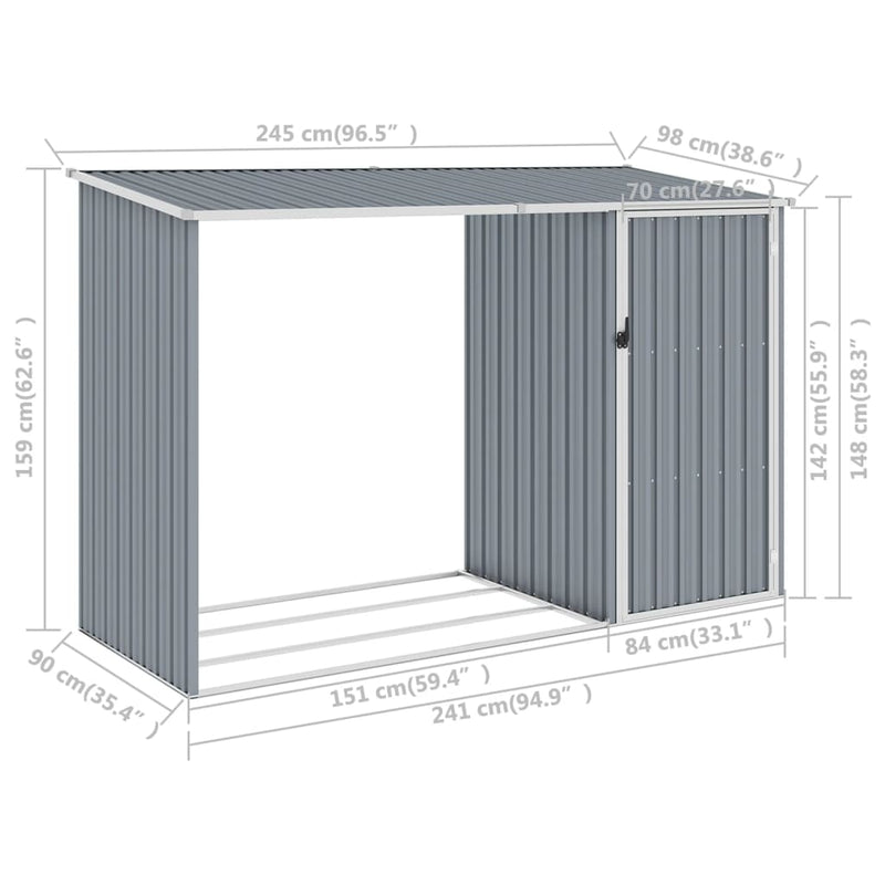 Garden Firewood Shed Grey 245x98x159 cm Galvanised Steel