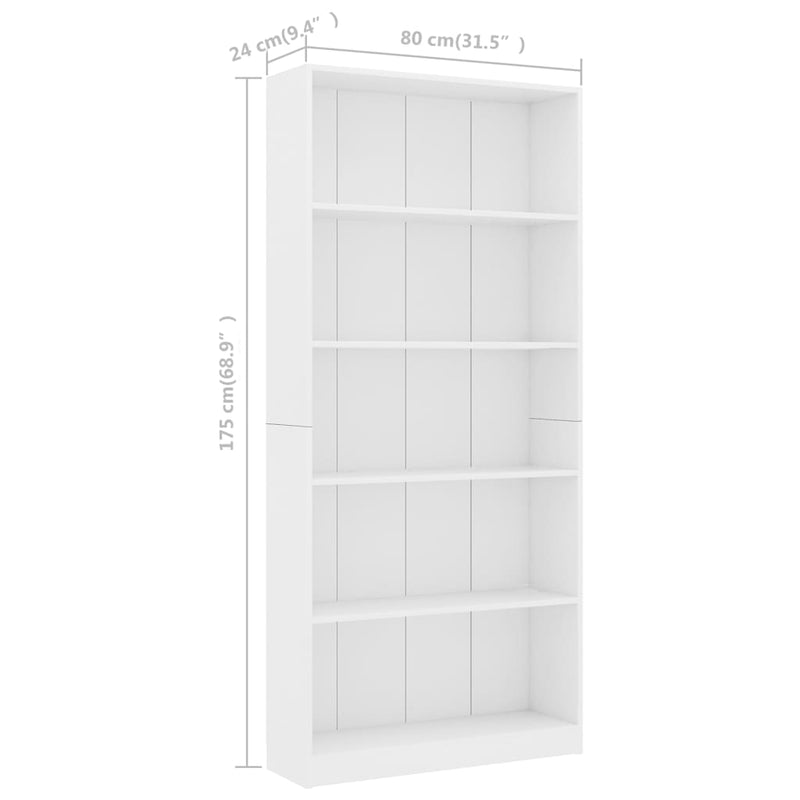 5-Tier Book Cabinet White 80x24x175 cm Engineered Wood